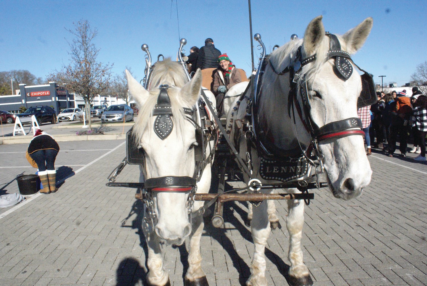 WHO’S READY FOR A HAYRIDE: Horses Eddy (left) and Lenny with their driver Judy Kliever brought Santa around Garden City Center for his grand entrance. The horses are from New Deal Horse and Carriage which is located out of North Kingstown.